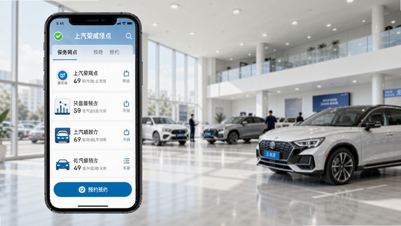 上汽荣威app保养预约页面示意图,手机界面显示附近服务网点列表与预约按钮,背景为明亮的汽车服务中心,简洁商务风格,画面干净
