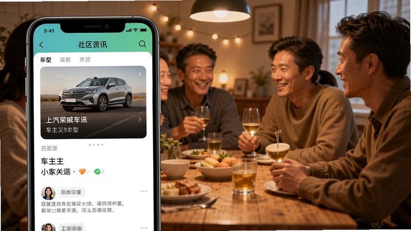 上汽荣威app社区资讯页面展示,手机屏幕呈现车型资讯卡片与车主互动评论,背景为温馨的车主聚会场景,暖色调,生活化风格