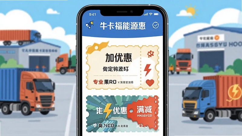 牛卡福能源优惠活动页面展示,手机屏幕上排列多张加油优惠券和满减标签,背景为物流园区与货车元素,色彩鲜明,扁平化插画风格,体现实惠省钱的氛围