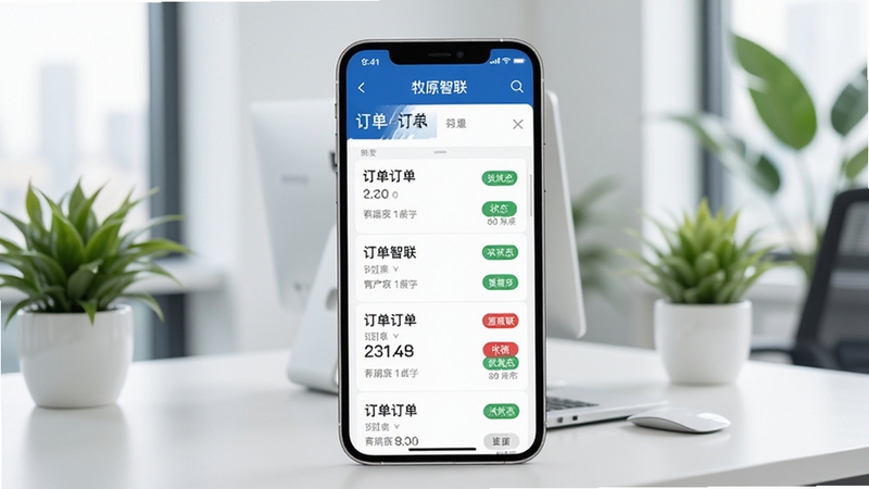 牧原智联手机端订单协同界面展示,农牧产业风格,简洁商务蓝白配色,手机屏幕中显示订单列表与状态标签,背景为现代化办公桌面与绿植,画面清晰明亮