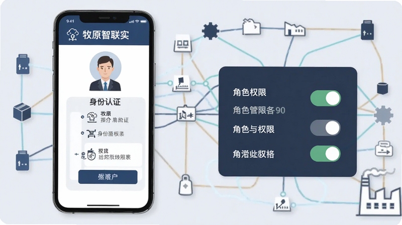 牧原智联实名认证与权限管理概念图,手机界面展示身份认证步骤与角色权限开关,扁平化插画风格,色调沉稳专业,背景带抽象的产业链连接线条