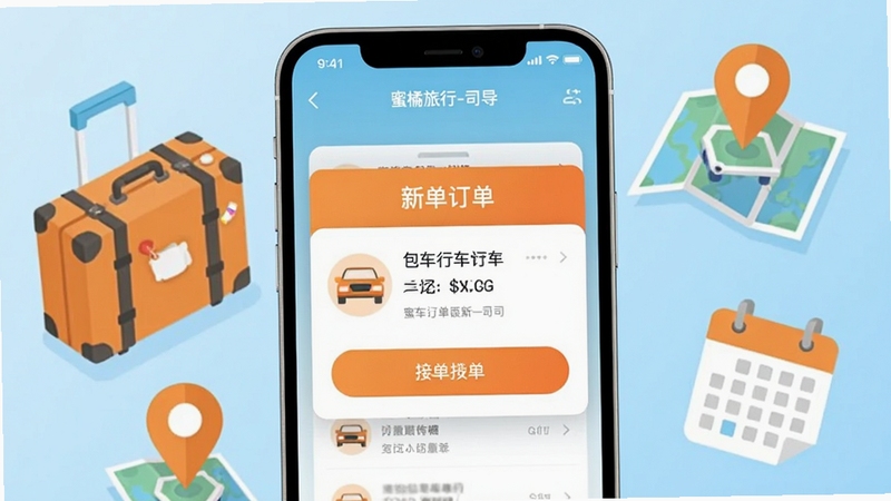 一款智能手机屏幕展示蜜柚旅行-司导应用界面,界面中央弹出新订单推送卡片,卡片上显示包车行程信息与接单按钮,手机背景为浅蓝色渐变,周围环绕旅行箱、地图定位图标与日历元素,画面风格简洁现代,扁平化设计,主色调为蜜柚橙与清新蓝,突出订单推送功能的即时性与便捷感