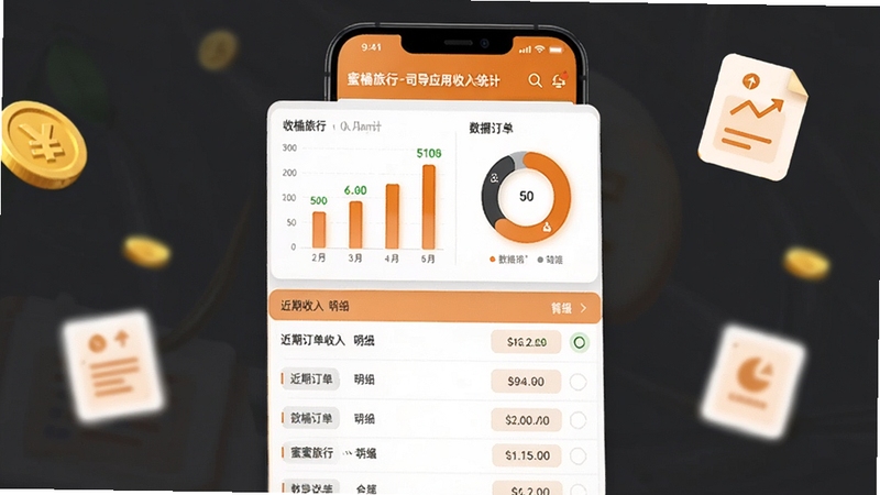 蜜柚旅行-司导应用收入统计页面,手机屏幕展示柱状图与环形图组合的数据面板,图表下方列出近期订单收入明细列表,界面配色以蜜柚橙与深灰为主,背景干净整洁,画面中点缀金币与报表图标,风格专业稳重,突出收入透明与数据可视化的功能特色