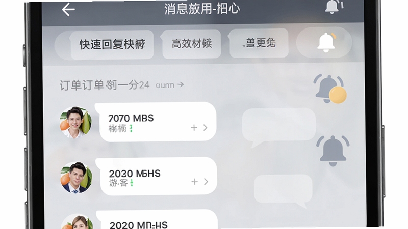 蜜柚旅行-司导应用消息中心界面,手机屏幕显示按订单分组的聊天列表,每个对话气泡旁标注订单编号与游客头像,屏幕上方有快捷回复模板栏,背景为淡灰色磨砂质感,画面中融入对话气泡与铃铛图标元素,风格简约商务,突出消息集中管理与高效沟通的特点