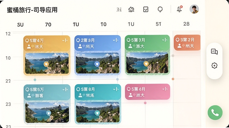 蜜柚旅行-司导应用内的日程管理界面,日历视图上标注多个彩色行程卡片,每张卡片显示日期、游客人数与行程路线缩略图,界面右侧悬浮导航图标与电话图标,背景为柔和的米白色,整体风格清新素雅,突出行程规划的有序性与视觉清晰度