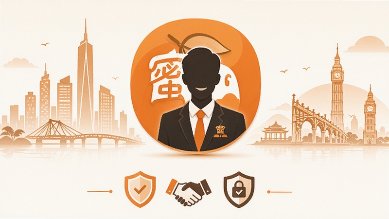 蜜柚旅行-司导应用品牌形象展示图,画面中央为蜜柚旅行标志性橙色图标与司导人物剪影,背景为城市天际线与旅游景点轮廓线稿,底部有握手合作与盾牌安全图标,整体风格商务可信,色调温暖稳重,突出平台连接司导与游客的桥梁作用