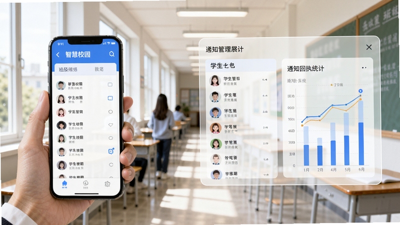 智慧校园(教师端) 班级管理功能展示图,画面左侧为教师手持手机查看班级列表,右侧以半透明悬浮面板形式呈现学生名单与通知回执统计图表,背景为教室走廊场景,光线明亮,视觉风格现代简洁,突出班级事务集中管理的高效性