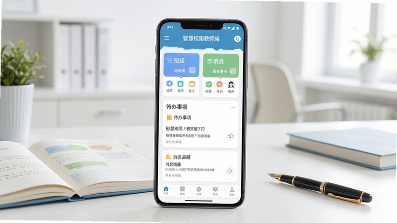 智慧校园(教师端) 软件主界面概览图,画面中央为一部竖屏安卓手机,手机屏幕内展示智慧校园教师端APP首页,包含班级卡片、待办事项与消息提醒模块,背景为明亮整洁的教师办公室环境,桌面上摆放教案本与钢笔,整体色调清新柔和,构图简洁,突出软件功能全貌