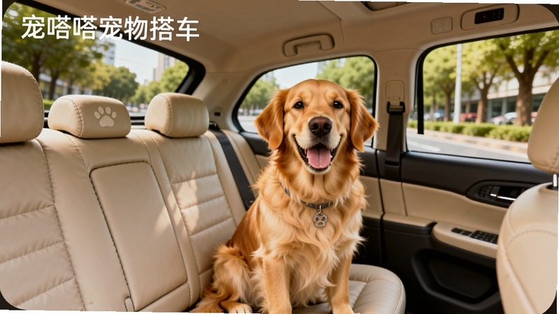 整体画面以一只可爱的金毛犬坐在宽敞舒适的宠物专车后座为视觉中心,车窗透出柔和自然光,背景是城市道路与绿树成荫的街景,画面左上角以简洁字体呈现“宠嗒嗒宠物搭车”字样,整体色调温暖明亮,突出宠物出行安全与舒适的氛围,适合作为软件全貌展示图
