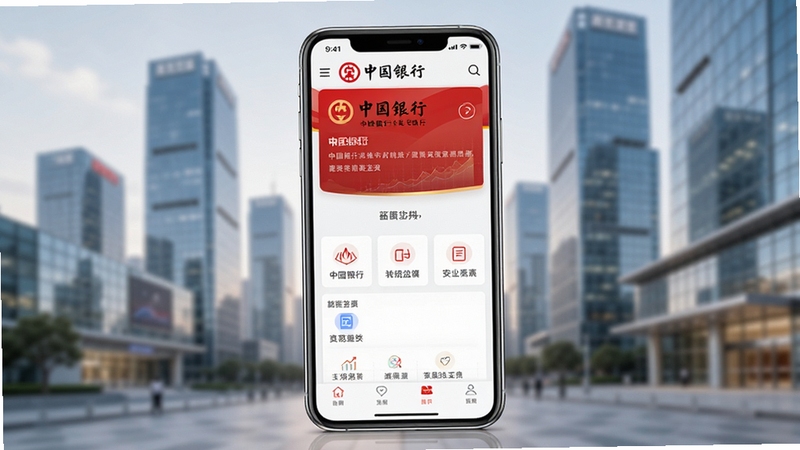 中国银行手机银行客户端官方主界面全貌展示,画面中央是智能手机屏幕,屏幕上显示中国银行红色标识与手机银行首页功能区,背景为现代城市金融商务区虚化轮廓,整体色调以中国银行标志性的红色与白色为主,画面简洁大气,适配金融类应用宣传海报风格
