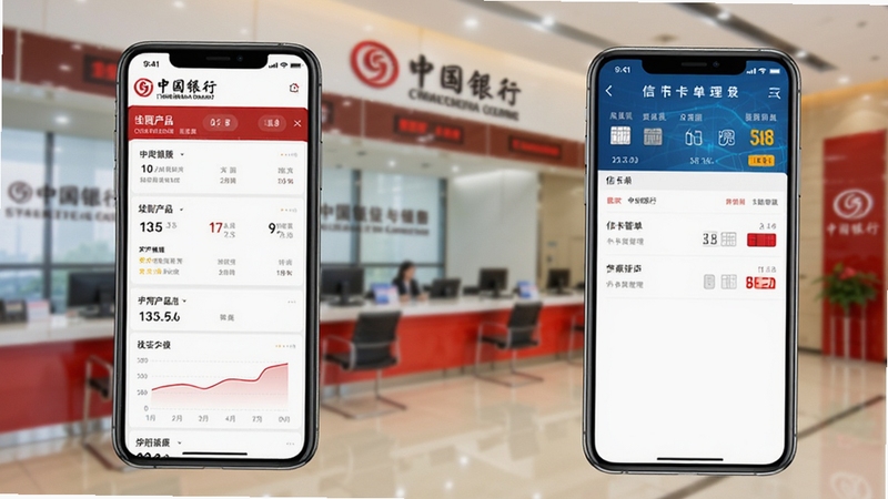 中国银行手机银行理财与信用卡服务界面组合展示,画面左侧显示理财产品列表与收益曲线图表,右侧显示信用卡账单管理页面,两部手机屏幕并排呈现,背景为中国银行网点大厅虚化场景,红色品牌元素点缀其间,体现金融科技与生活服务的融合