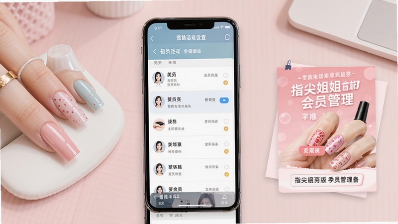 指尖姐姐商家版会员管理页面截图风格,手机展示会员列表与营销活动设置界面,旁边配有美甲款式样品与促销海报元素,背景为浅粉色系办公桌面,视觉清新专业