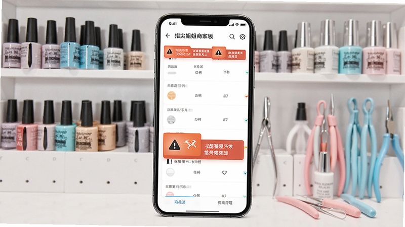 指尖姐姐商家版库存管理功能示意图,手机屏幕显示商品库存列表与预警提示,背景为整齐摆放的美甲胶与工具货架,画面明亮有序,体现数字化管理场景