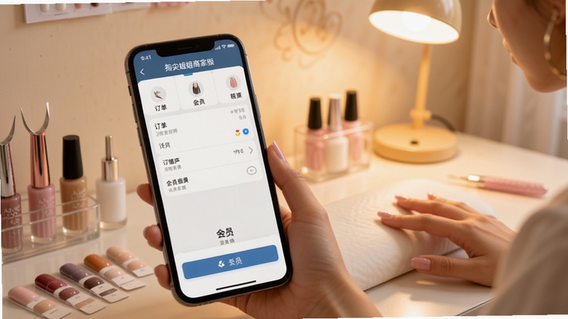 指尖姐姐商家版收银界面展示,手机屏幕显示订单结算与会员刷卡操作,背景为温馨美甲店内环境,桌面摆放美甲工具与色卡,柔和暖光照明,画面清晰整洁