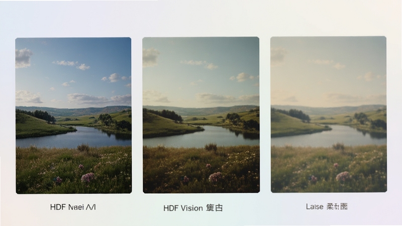 HDF Vision AI����˾�Ч���Ա�ͼ�������в���չʾͬһ�ŷ羰��Ƭ����Ȼ�����š���������˾��µĲ�ͬ���֣�����Ϊ��͵�ǳɫ���䣬ͻ���˾�������