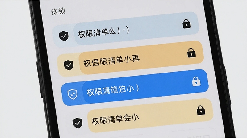 手机屏幕显示权限清单列表,每项旁边有盾牌和锁形图标,部分条目高亮提示,背景为浅灰色极简风格,突出手机管家小工具的权限查看功能,画面干净利落