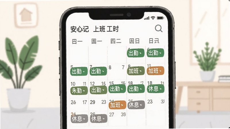 画面为安心记上班工时软件的考勤日历界面特写,手机屏幕显示彩色标记的月历视图,绿色代表出勤、橙色代表加班、灰色代表休息,背景为简约的浅色办公环境,有绿植点缀,采用清新扁平插画风格,突出日历的直观性与实用性