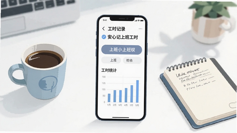 画面主体为一款智能手机,屏幕显示安心记上班工时的工时记录界面,界面中有上下班打卡按钮和工时统计图表,背景为简洁的办公桌面环境,旁边放置一杯咖啡和一本记事本,整体色调清新明亮,采用扁平化插画风格,突出移动端应用场景,构图居中,光线柔和