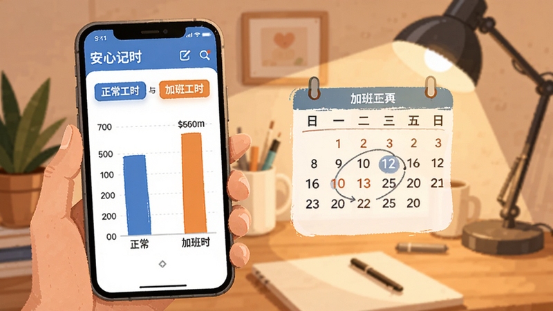 画面展示安心记上班工时软件的加班统计界面,手机屏幕上清晰列出正常工时与加班工时的柱状对比图,旁边有日历标记加班日期,背景为温馨的居家书桌场景,暖色调灯光,采用现代扁平插画风格,细节丰富,突出数据可视化效果