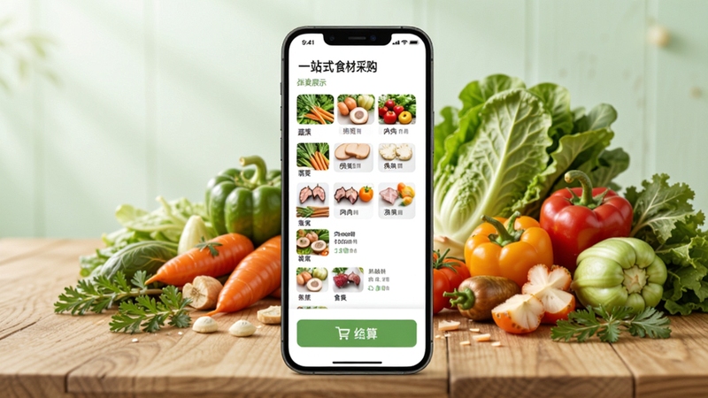 食智采一站式食材采购下单功能展示,手机界面显示蔬菜肉类分类列表与购物车结算按钮,画面中有新鲜食材摆放在木质桌面上,清新浅色背景,柔和光线,写实风格