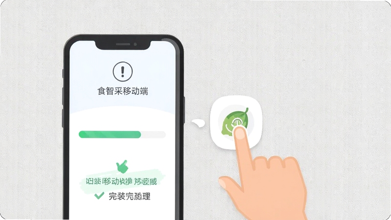 食智采移动端下载安装步骤示意图,画面展示手机屏幕上安装进度条与完成提示,旁边有手指点击图标动作,浅灰质感背景,简洁扁平化风格,适合教程配图