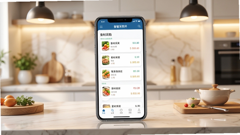 食智采软件主界面全貌展示,画面中央为手机屏幕呈现食材采购列表与价格对比卡片,背景为明亮的现代化厨房操作台,暖色调灯光,简洁商务风格,高清细节,适合软件下载站展示图
