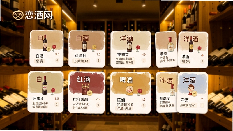恋酒网酒类百科知识库界面展示,手机屏幕中呈现分类清晰的白酒红酒啤酒洋酒知识卡片,背景为温馨的酒窖木质货架,暖黄色灯光,画面干净整洁,突出软件名称恋酒网