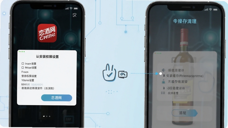 恋酒网移动端使用操作示意图,手机屏幕展示安装权限设置与缓存清理步骤,背景为简洁的科技感浅色渐变,画面中包含恋酒网图标元素