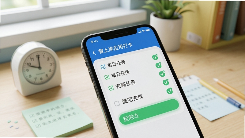 督上岸应用打卡界面特写,手机屏幕显示每日任务清单与完成勾选动画,桌面有计时器与便签纸,背景为浅色学习角,清新写实风格