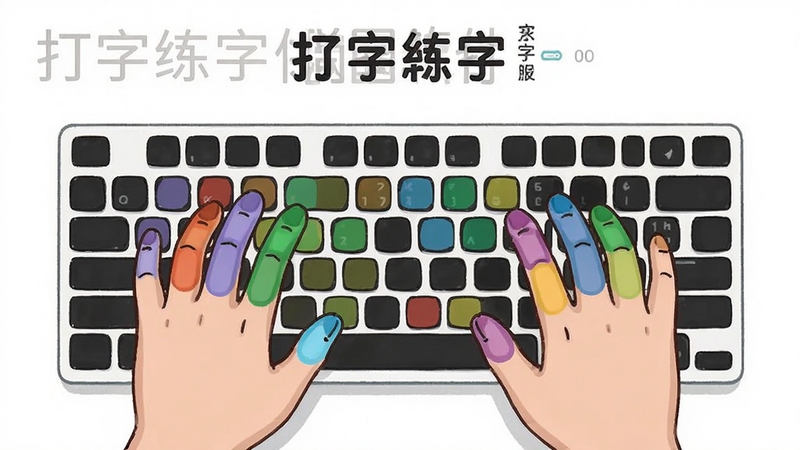 打字练字指法教学动画截图风格插画,画面展示双手放在键盘上的标准姿势,每个手指用不同颜色标注负责区域,背景为白色简约风格,带有打字练字软件名称标识