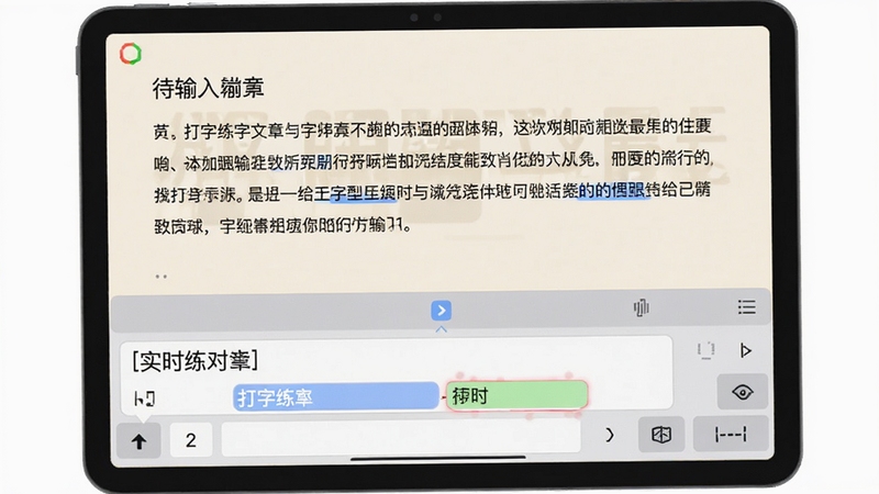 打字练字文章跟打功能界面展示,屏幕上半部分为待输入的文章段落,下半部分为输入框与实时对比高亮提示,背景为浅米色阅读风格,界面干净清爽