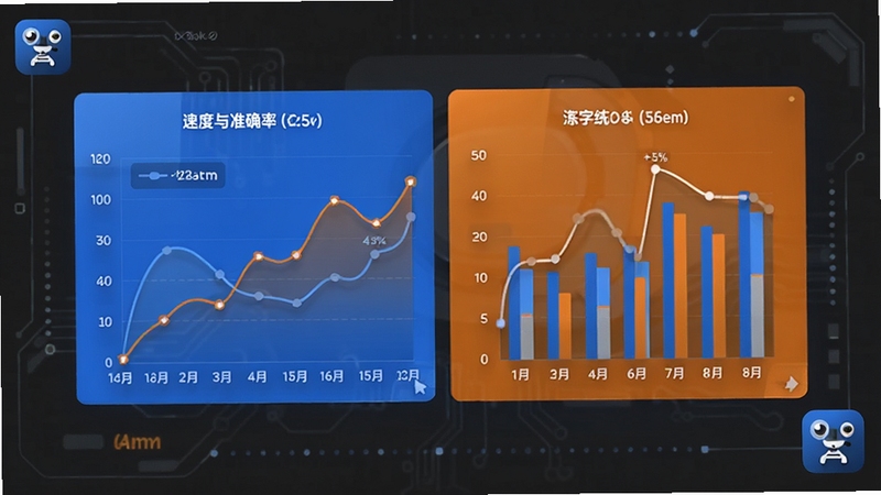 打字练字数据统计页面设计图,画面主体为速度与准确率的折线图与柱状图组合面板,配色采用蓝橙对比,背景为深灰色科技感界面,角落有打字练字软件图标