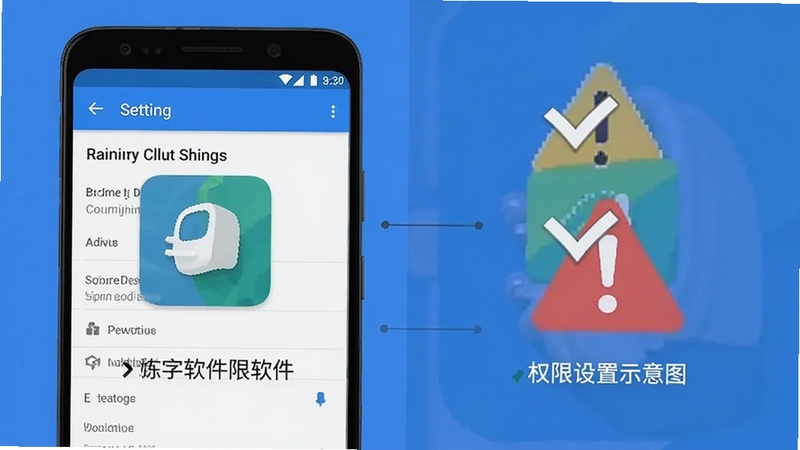 打字练字软件安装与权限设置示意图,画面展示安卓手机设置界面与软件图标并列,旁边有对勾与警示图标,整体风格为扁平化信息图,配色以蓝白为主