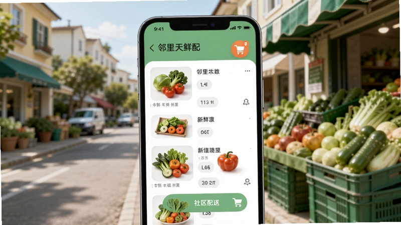 邻里天鲜配应用首页展示新鲜果蔬与社区配送场景,画面主体为居中摆放的智能手机,屏幕显示生鲜商品列表与购物车图标,背景区域为虚化的社区街道与绿色果蔬摊位,整体色调清新明亮,适配Boogu模型生成