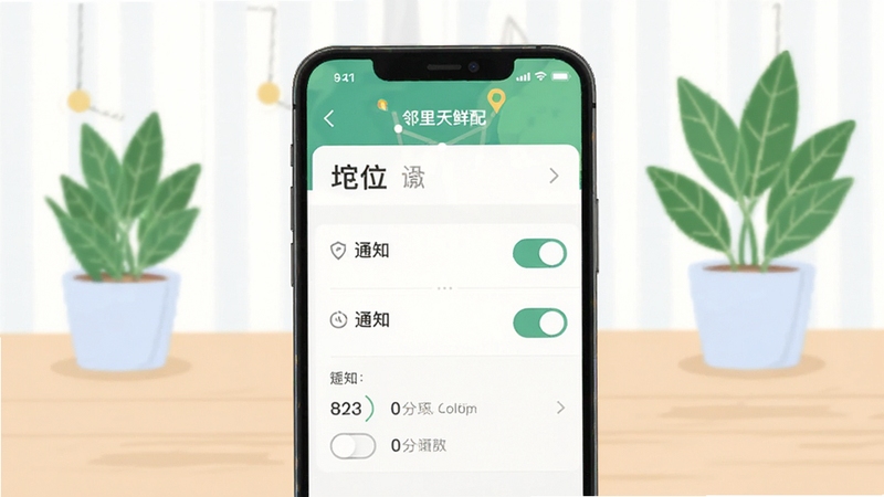 邻里天鲜配移动端权限设置与通知管理界面示意,画面主体为手机设置页面展示定位与通知开关,背景区域为简洁的桌面与绿植,扁平化插画风格,配色清爽