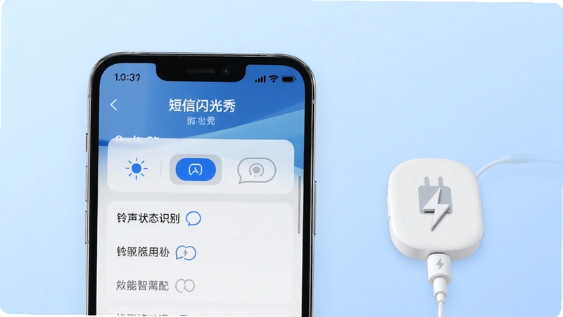 一部手机屏幕显示来电短信闪光秀的设置页面,界面上有闪光模式选择、铃声状态识别等选项,背景为柔和的浅蓝色渐变,画面风格干净清爽,体现软件低功耗与智能适配的特点,手机旁放置一个简约的充电图标。