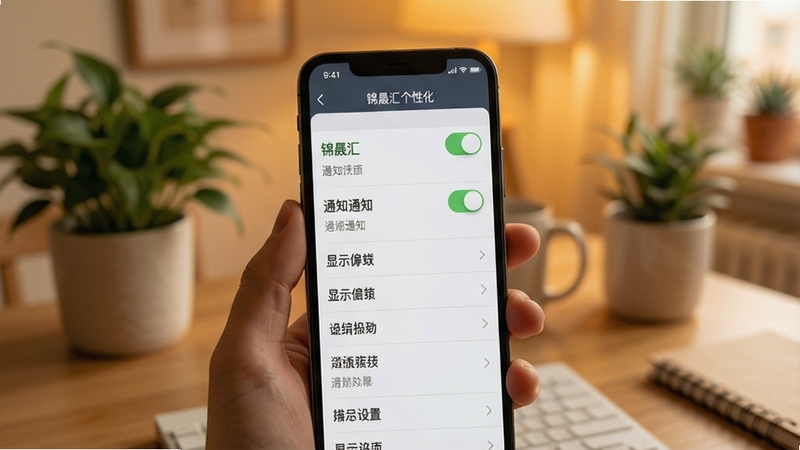 锦晟汇个性化设置界面展示,画面聚焦手机屏幕中的设置菜单列表,包含通知开关、显示偏好等选项,背景为暖色调的室内环境,桌面有绿植点缀,整体呈现温馨且有序的视觉感受