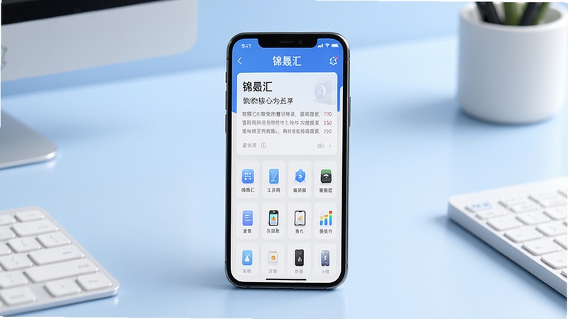 软件核心全貌展示,画面中央为一部智能手机,屏幕显示锦晟汇应用主界面,界面包含资讯卡片与功能图标网格,背景为浅蓝色渐变的工作台场景,桌面整洁,光线柔和,突出移动端应用的简洁与专业感,整体风格清爽现代