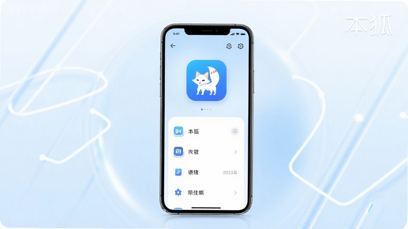 整体画面以浅蓝与白色为主色调,中央位置放置一部智能手机,屏幕显示本狐应用主界面图标与简洁功能列表,背景区域为柔和的渐变光晕与几何线条,右上角隐约出现本狐字样,风格清爽现代,适合软件下载站展示