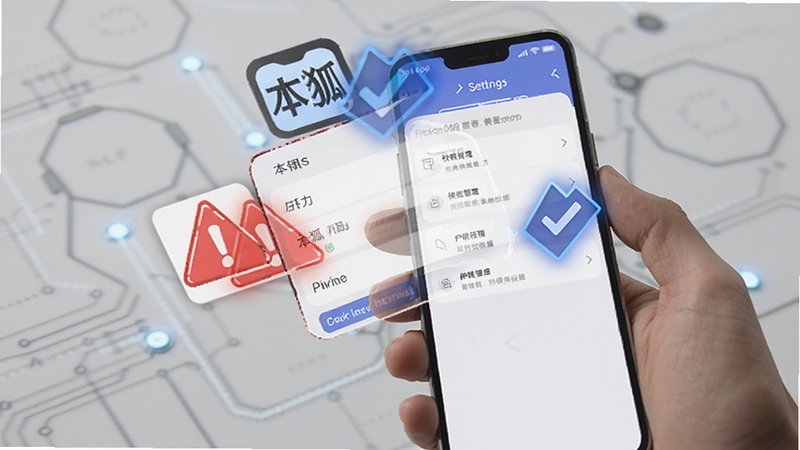 画面为一只手拿着手机,屏幕上显示本狐应用的设置界面与权限管理选项,旁边有红色警示图标与蓝色对勾图标形成对比,背景为浅灰色科技纹理,突出安全设置主题