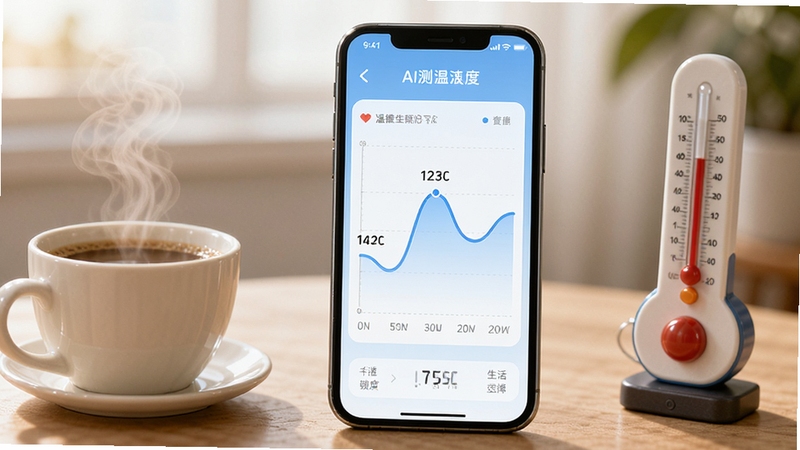 手机屏幕展示室内温度计AI测温度软件的折线图界面,温度曲线随时间波动,背景为淡蓝色渐变,图表清晰美观,旁边有一杯冒着热气的咖啡和温度计摆件,整体画面传递数据记录与生活关怀的氛围