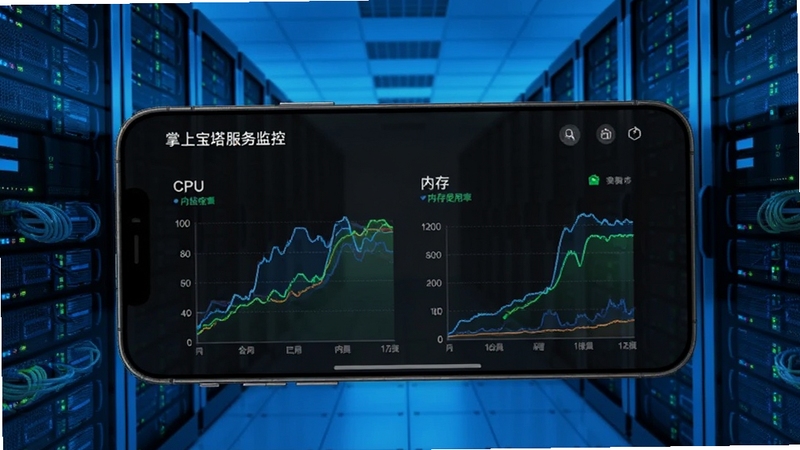 掌上宝塔手机端服务器监控界面,屏幕显示CPU与内存使用率曲线图,背景为抽象的数据中心机房,蓝色调科技风格,画面清晰展示实时监控功能