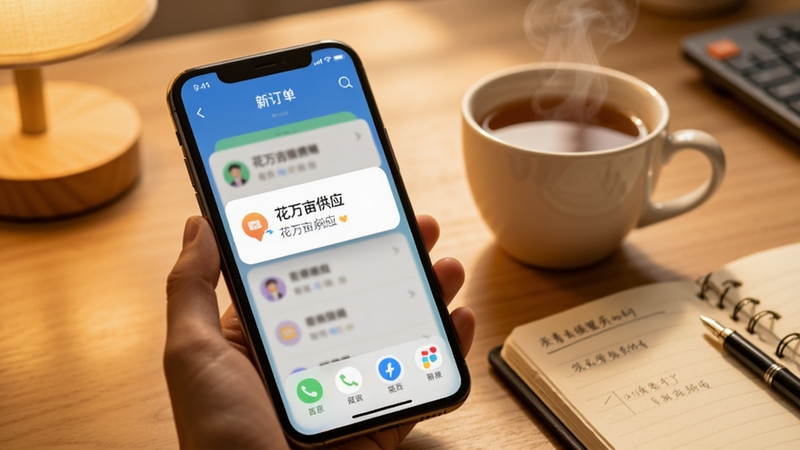花万亩供应商App消息提醒场景,手机屏幕弹出新订单通知卡片,旁边放着一杯热茶与笔记本,暖色调光线,画面传递及时响应的办公氛围