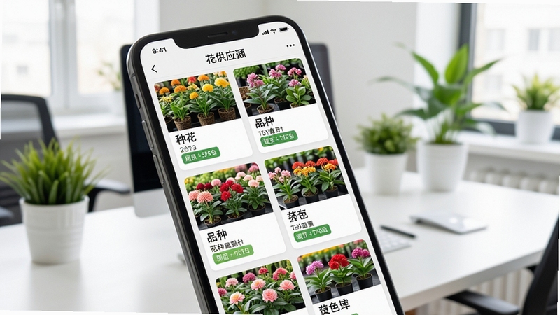 花万亩供应商App货源发布界面展示,手机屏幕中排列整齐的苗木花卉货源卡片,每张卡片带有品种名称与规格标签,背景为明亮的室内办公桌面,绿植点缀,画面干净清爽