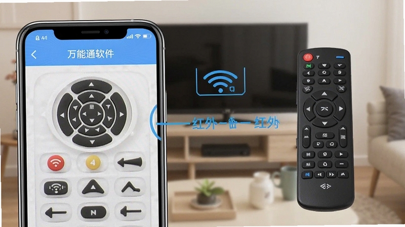 电视遥控万能通软件展示WiFi与红外双模控制连接示意图的手机界面