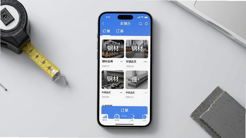 软件核心全貌展示图,画面中央放置一部智能手机,屏幕显示买钢乐订货应用首页界面,包含钢材品类卡片与订单入口,背景为简洁的浅灰色办公桌面,桌面一角摆放卷尺与钢材样品小样,整体风格干净现代,光线柔和,构图居中,适配Boogu模型生成