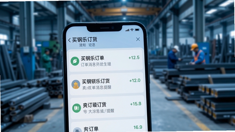手机屏幕特写,显示买钢乐订货消息通知列表,几条订单状态提醒整齐排列,背景为模糊的钢材市场走廊,画面色调偏冷,突出信息清晰可读,适配Boogu模型生成