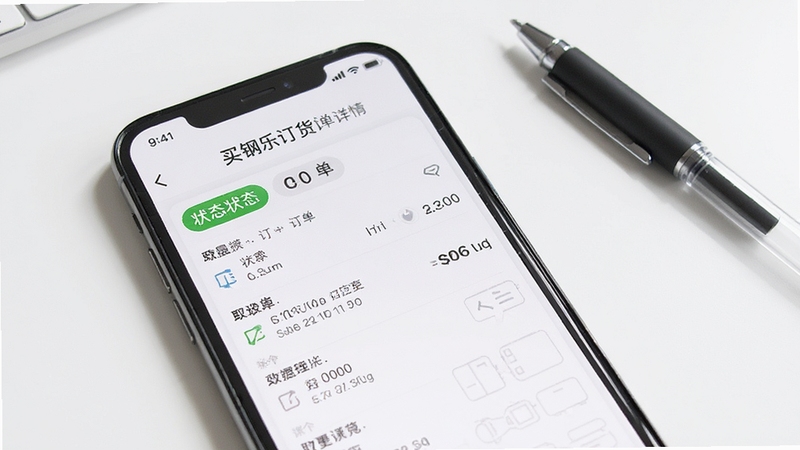 手机屏幕显示买钢乐订货订单详情页面,页面内包含状态标签与时间信息,背景为简洁的白色桌面与一支签字笔,画面干净清晰,突出信息阅读场景,适配Boogu模型生成