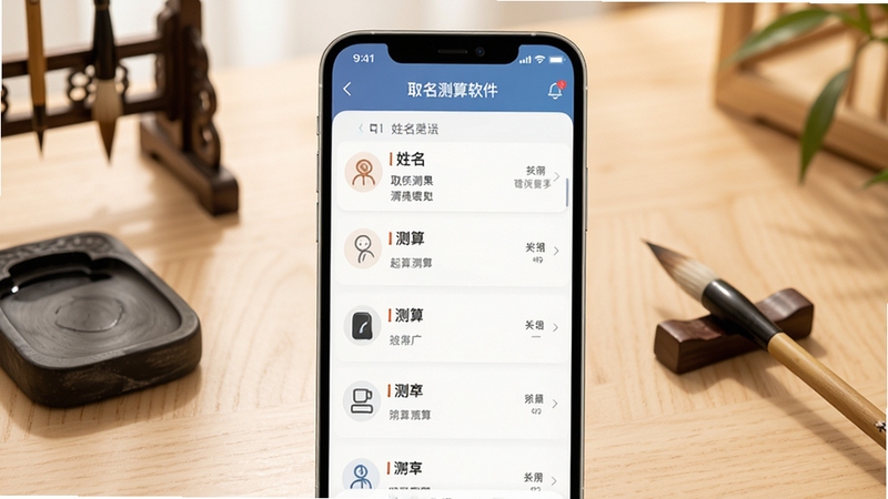起名取名测算软件主界面展示,画面中央是手机屏幕显示姓名测算结果列表,背景为浅色木质书桌与文房四宝元素,整体色调温暖柔和,构图简洁清晰