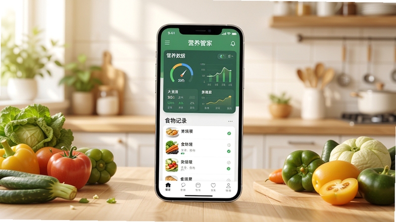 营养管家应用主界面全景展示,画面中央为手机屏幕呈现营养数据仪表盘与食物记录列表,背景为明亮温馨的厨房台面与新鲜蔬果环绕,整体色调清新自然,突出健康饮食管理主题,构图居中对称,适配Boogu模型生成